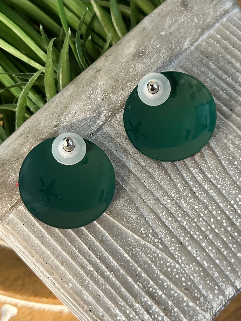 Vintage Round Green Enamel post-back Earrings with Red & Yellow crosshatches - Picture 3 of 5
